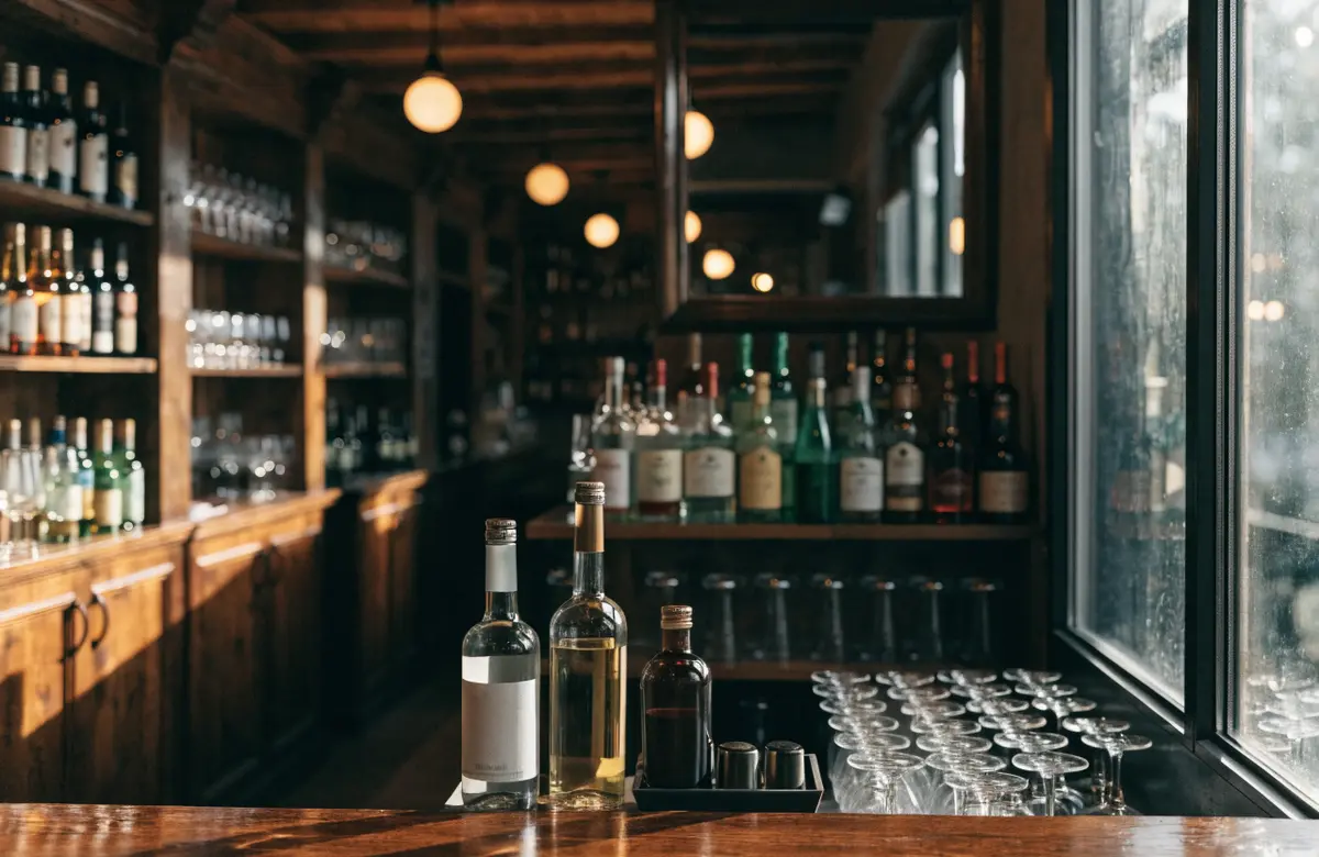 The bar at Lume with bottles on wooden shelves