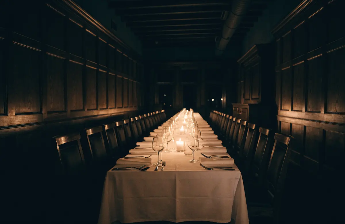 The back room at night, one long table set for twenty-four