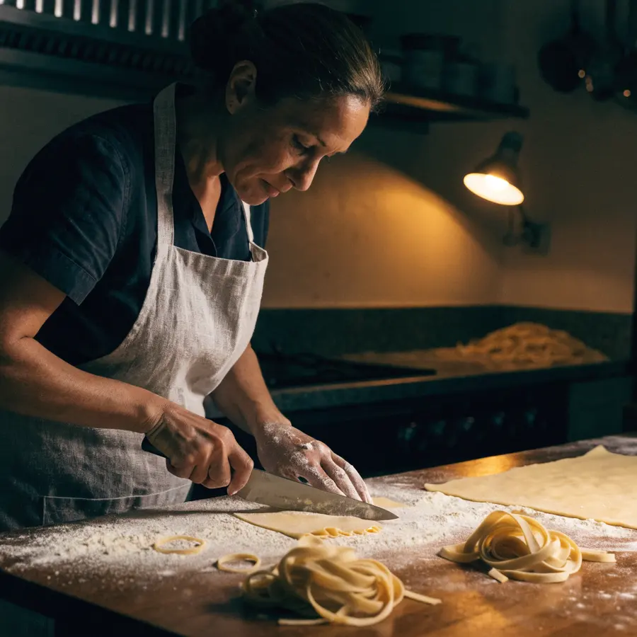 Marta cutting sheets of pasta into ribbons