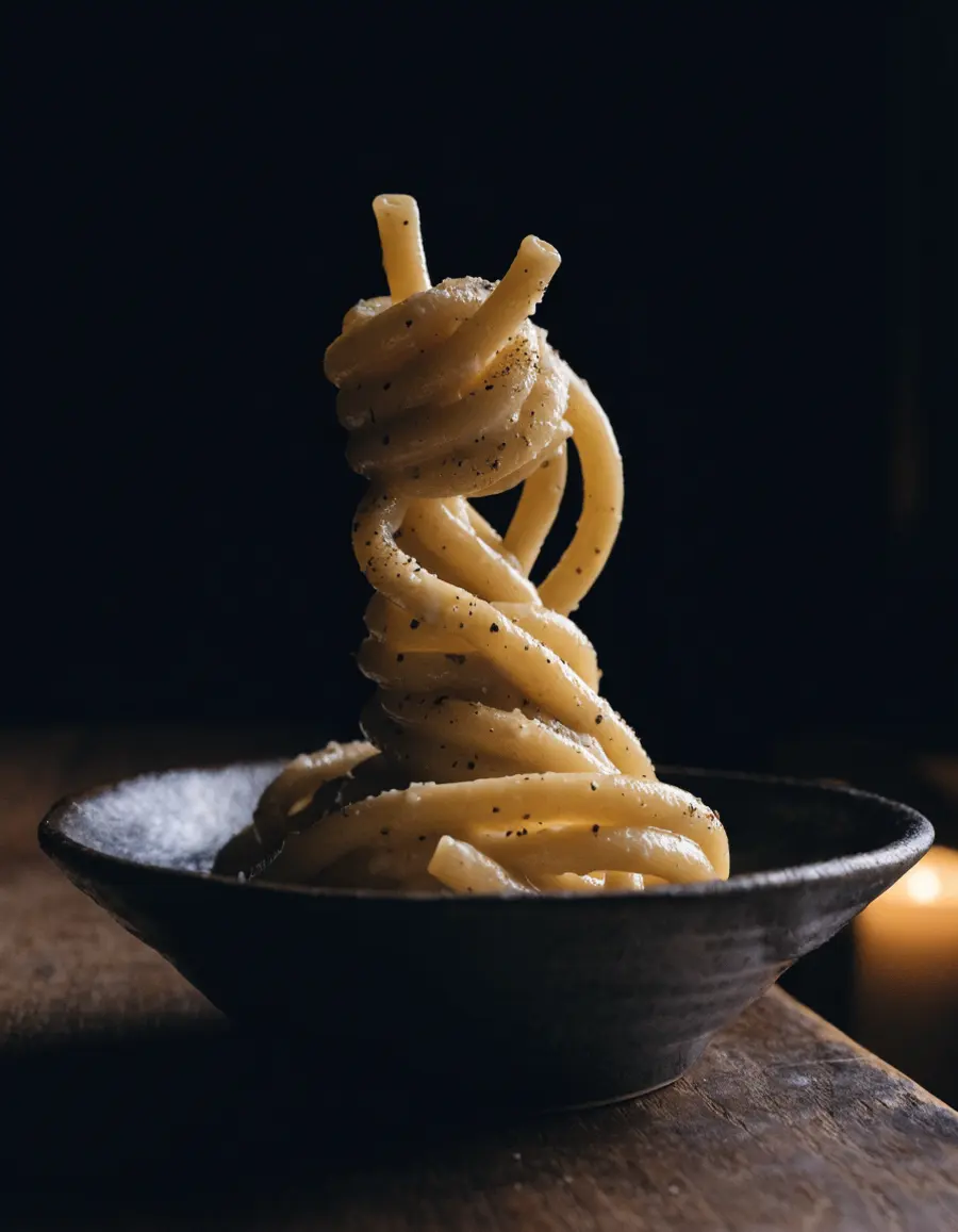 Tonnarelli cacio e pepe twirled in a dark bowl