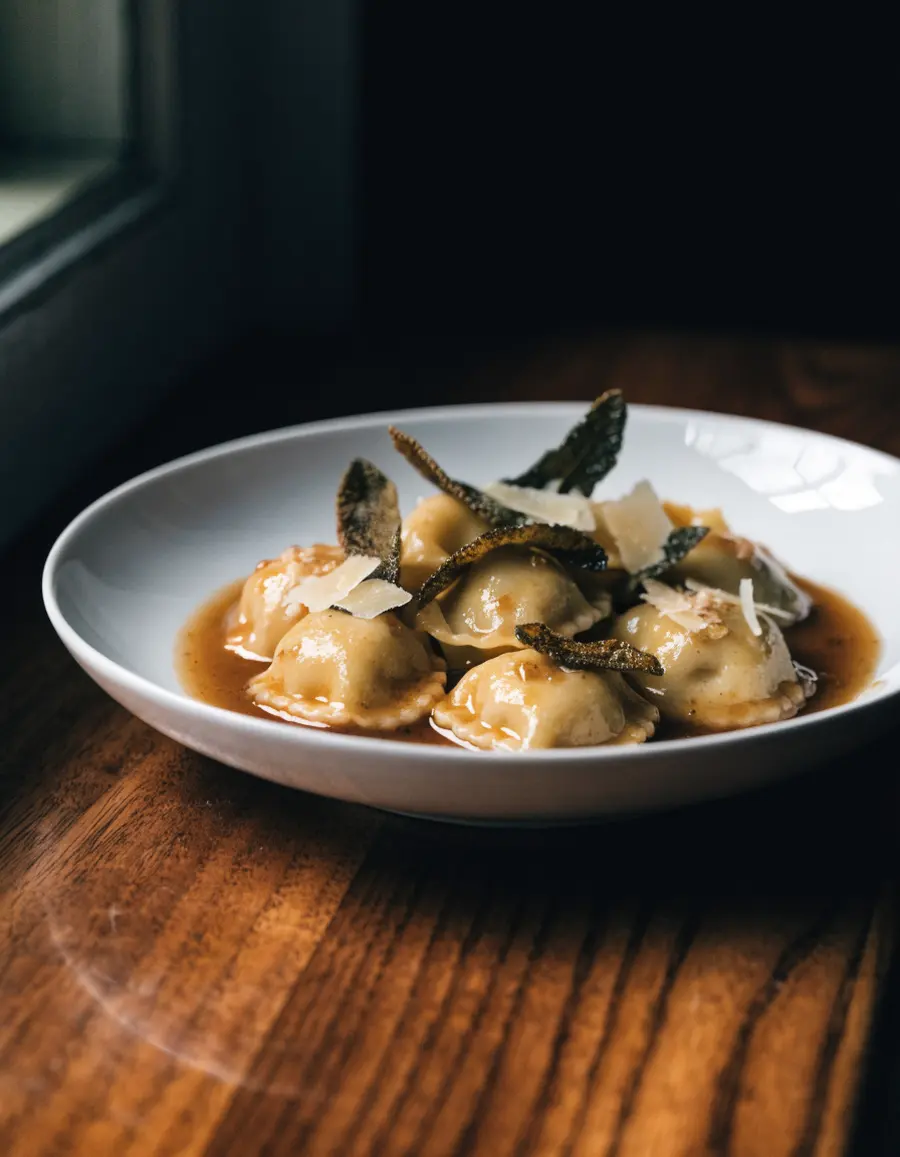 Agnolotti del plin glossy with brown butter and sage