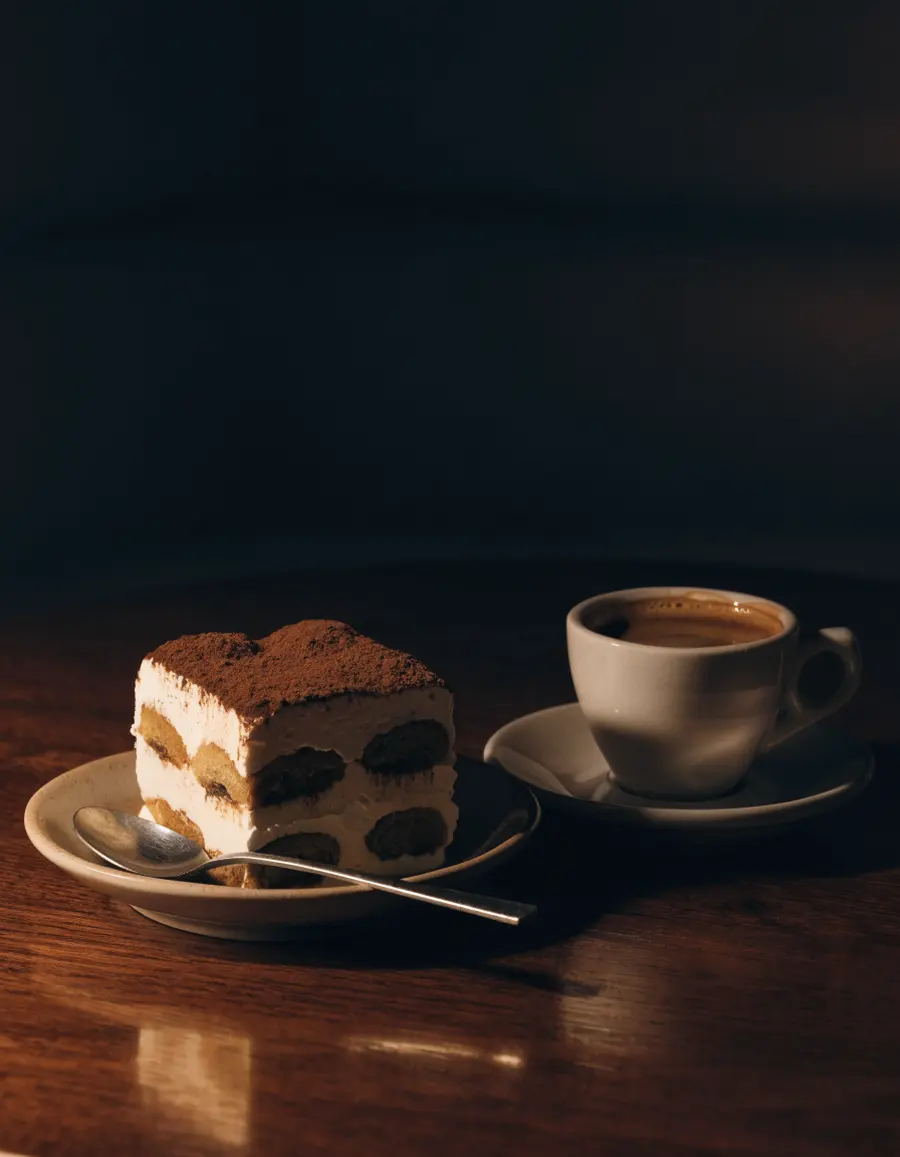 A slice of tiramisù dusted with cocoa beside an espresso