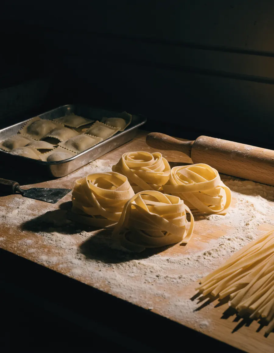 Fresh tagliatelle and ravioli resting on a floured board