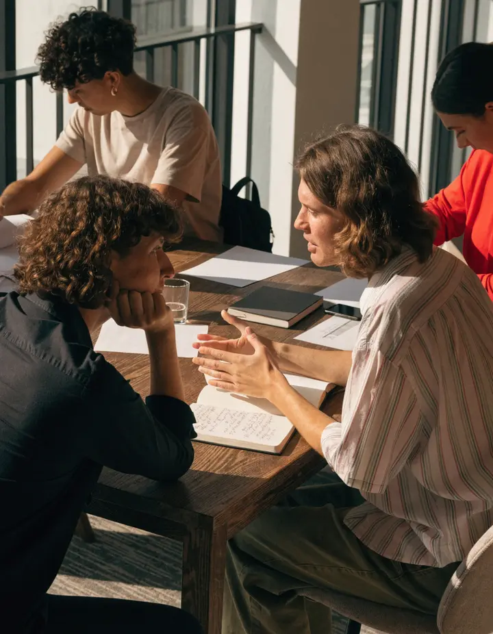 A small agency team talking around a table