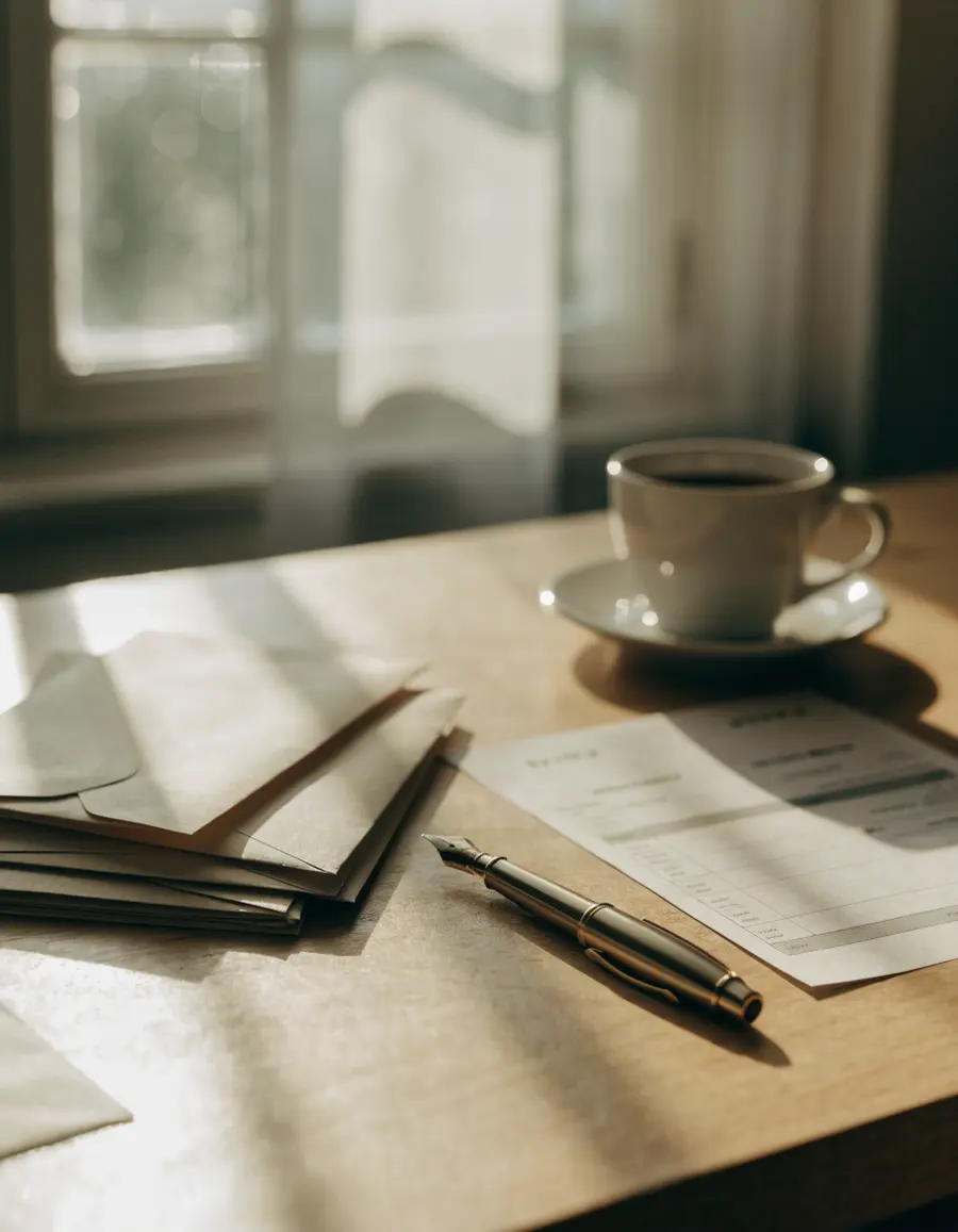 Opened envelopes and a printed invoice on a desk beside a coffee cup