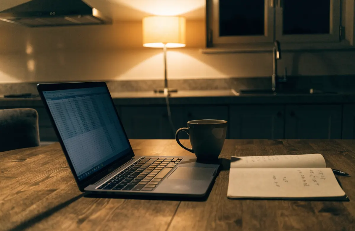 A laptop on a kitchen table at night beside a notebook of handwritten figures