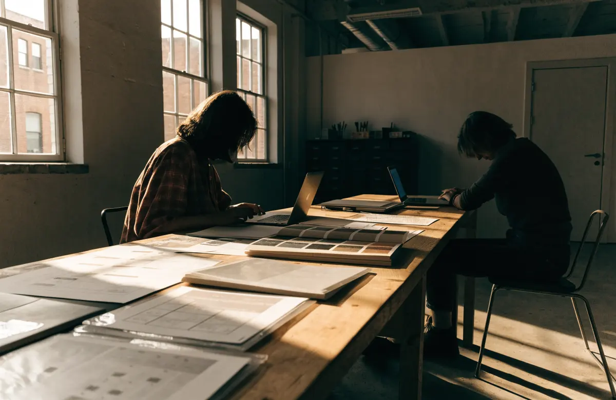 A small design studio at a long shared table with printed layouts and swatch books