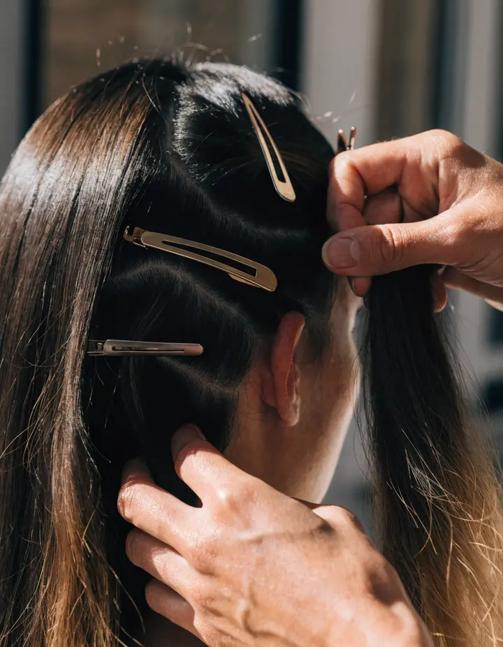 Hands sectioning dark hair with clips