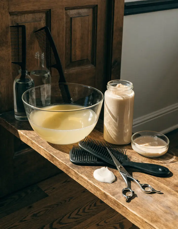 A bowl of conditioning treatment and combs on a wooden shelf