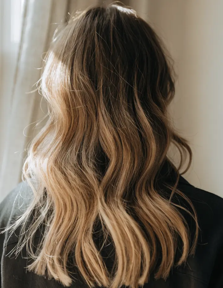 Wavy lived-in color from behind, darker at the root and lighter through the ends