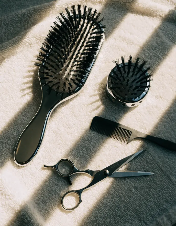 Brushes and scissors laid on a towel