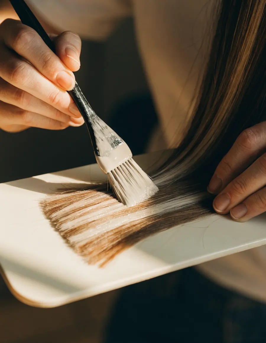 A stylist painting color onto a section of hair