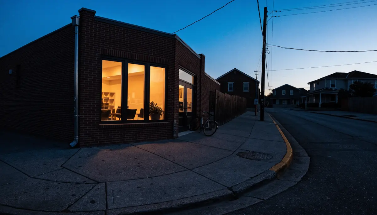 The studio's brick front on Woodland Street at dusk, its windows lit