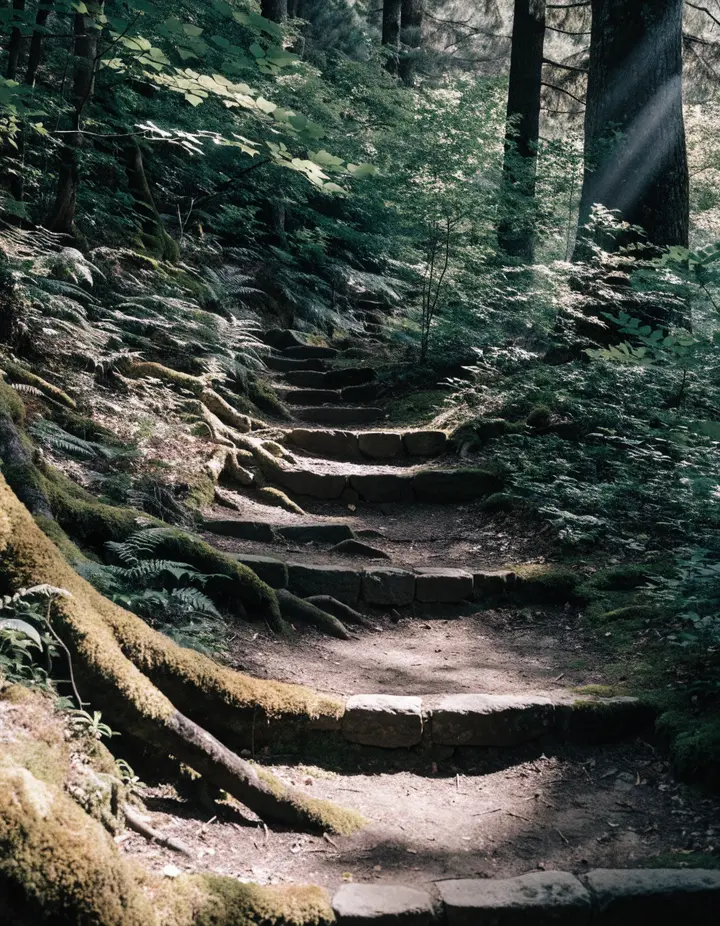Moss-covered stone steps climbing through cedar forest