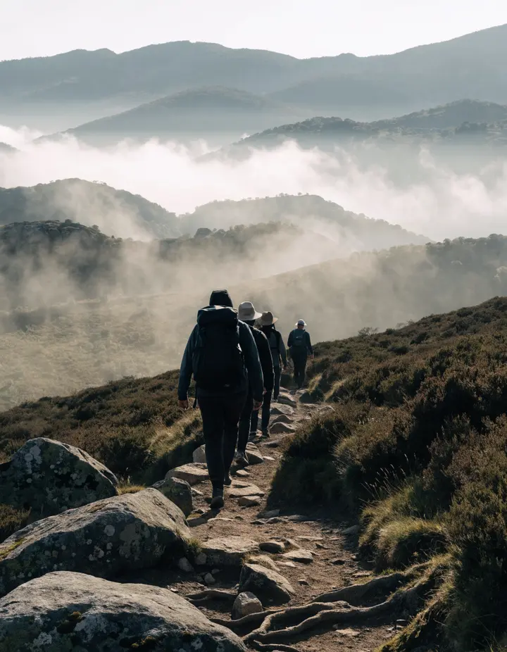 A line of walkers on a misty ridge, seen from behind
