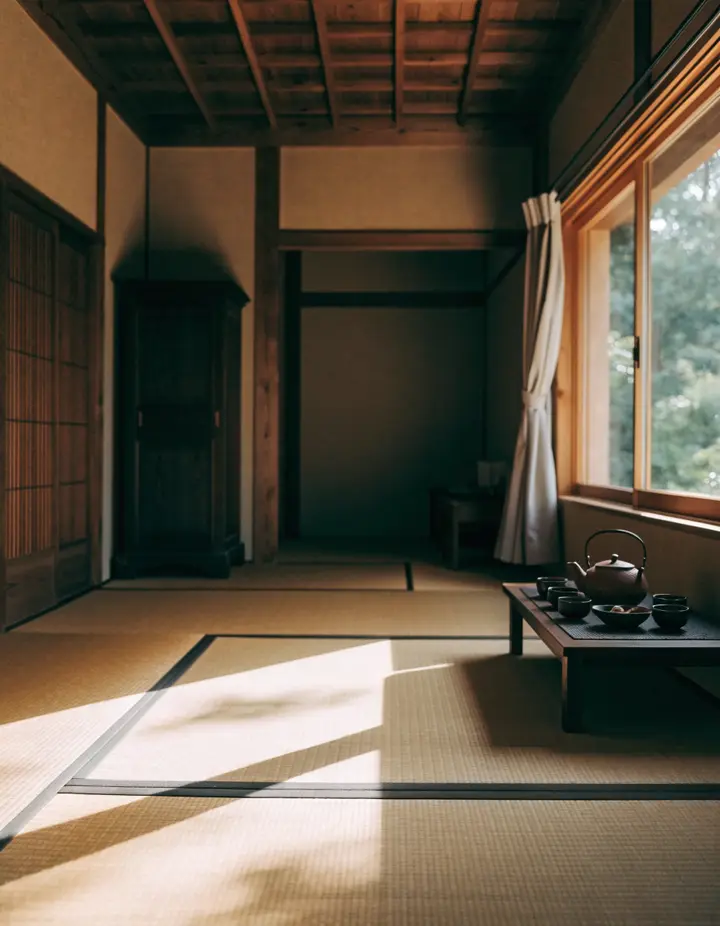 A tatami room in a trail inn with a low table and a tea set