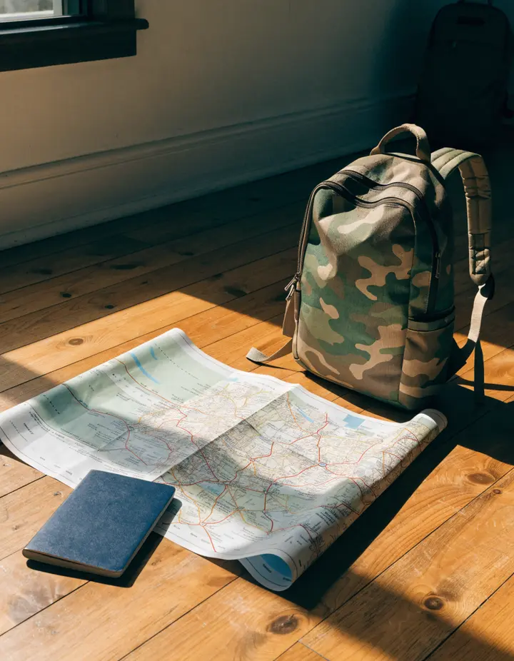 A passport, a folded map and a day pack on a wooden floor