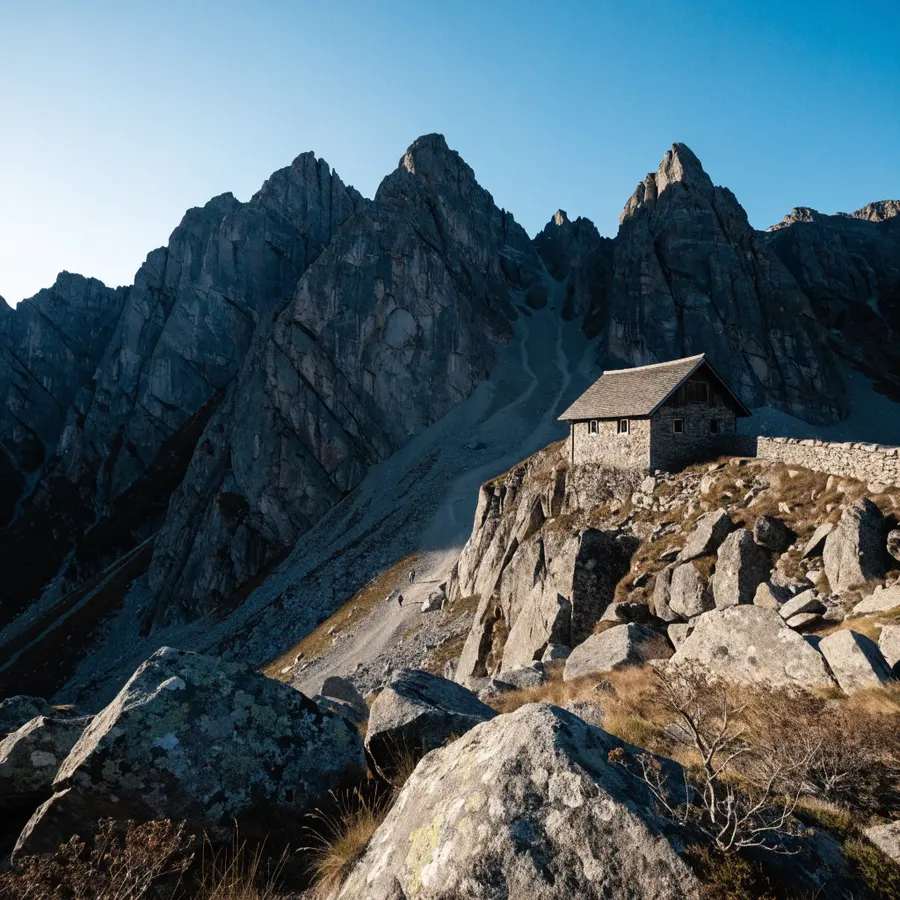 A stone mountain hut on a rocky ridge in the Japanese Alps at dawn
