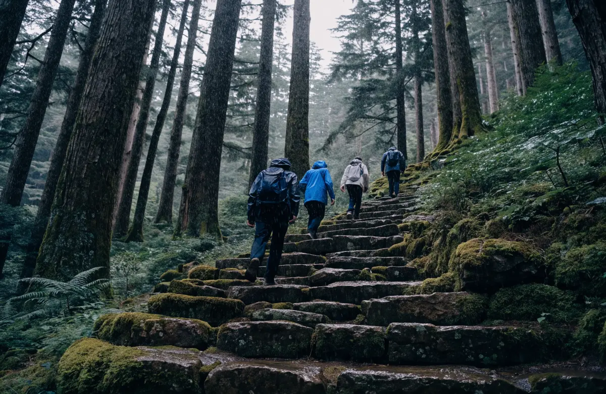 Walkers in rain jackets climbing steep, wet stone steps through tall cedars