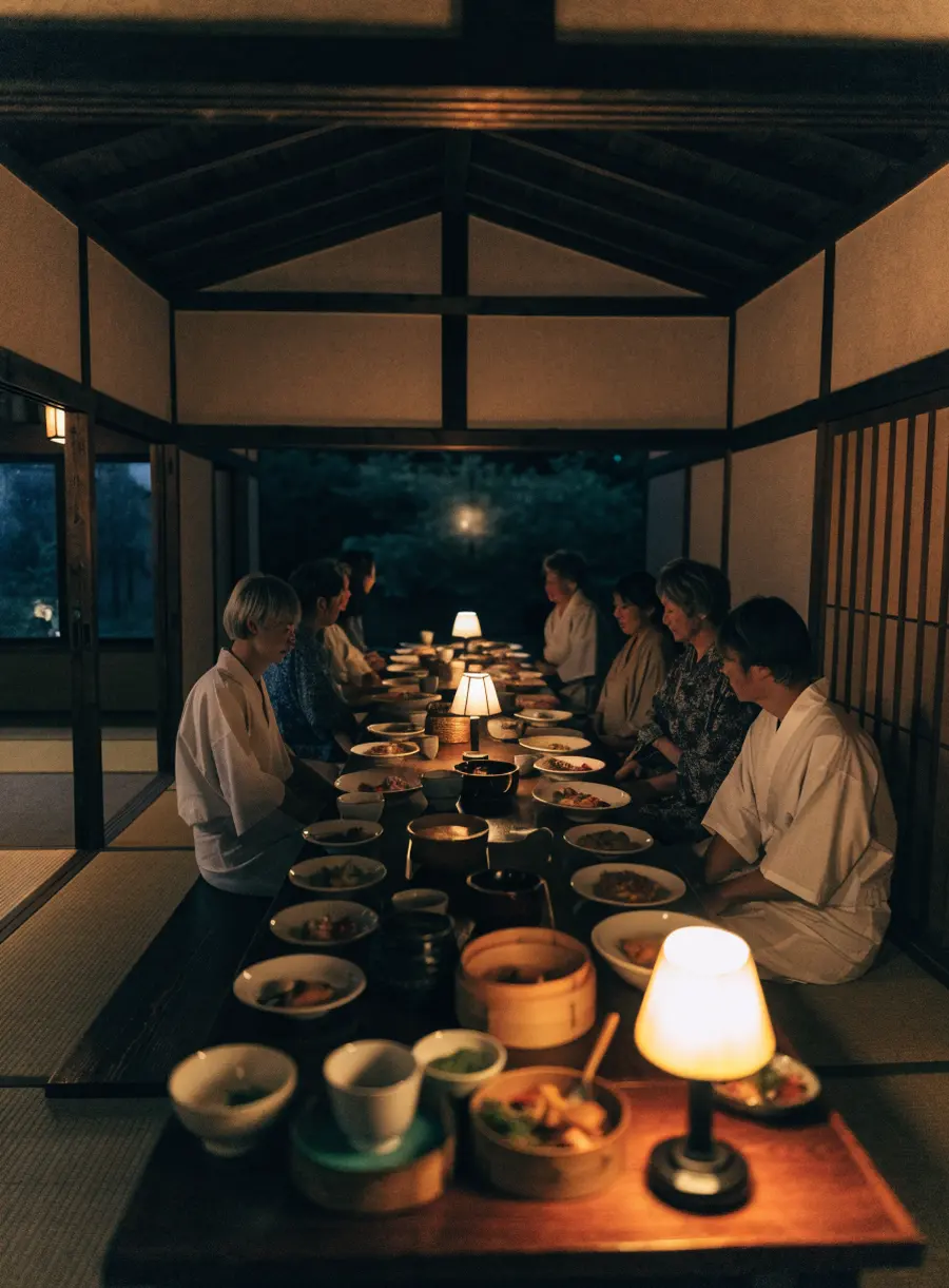 Walkers in cotton robes at a long low table of small dishes in a guesthouse