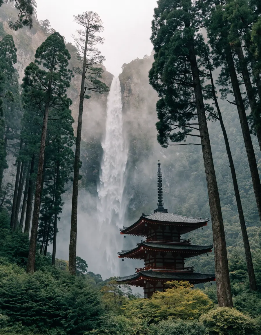 Nachi waterfall behind the three-storey vermilion pagoda of Seiganto-ji