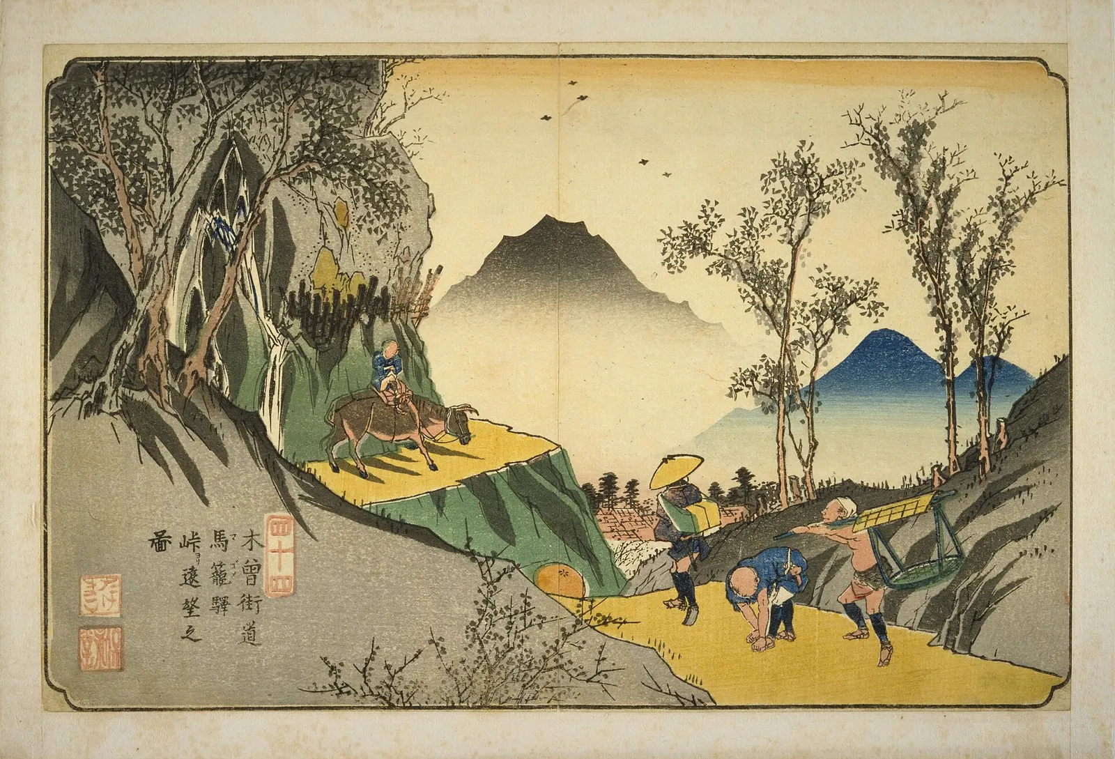 Keisai Eisen's woodblock print of travellers on the pass above Magome, about 1835