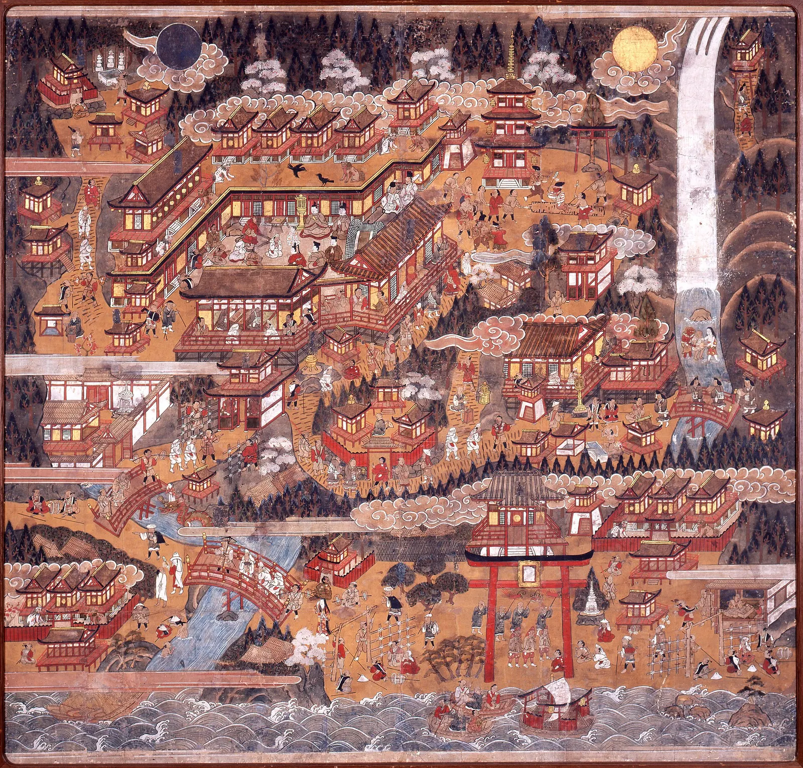 A painted pilgrimage map of Nachi: shrine halls, the pagoda and the waterfall above crowds of pilgrims