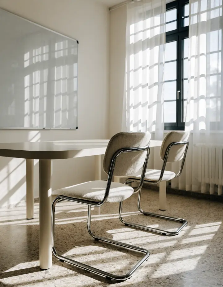 A bright study room with a whiteboard and two chairs by the window