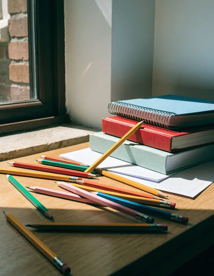 Coloured pencils and a stack of notebooks on a desk by a window
