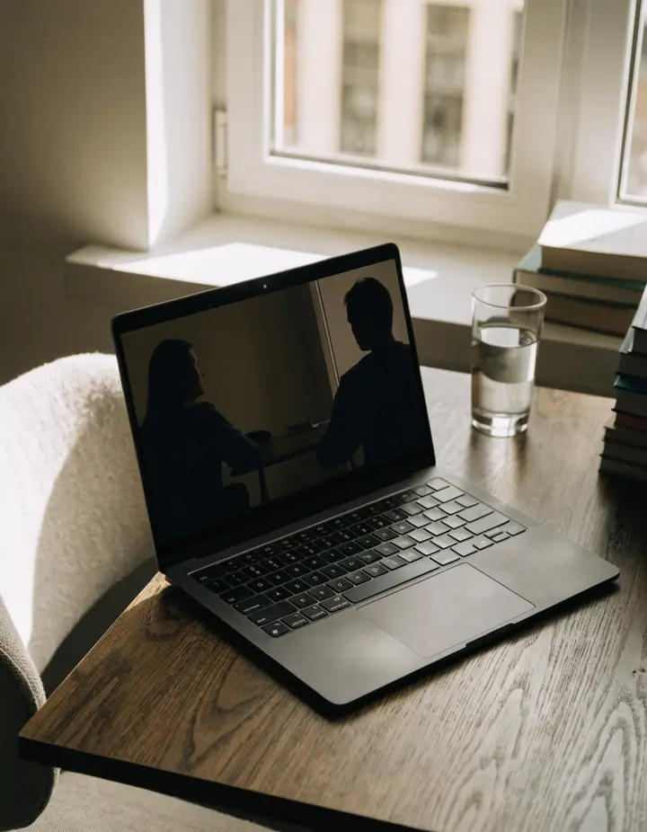 A laptop on a desk by a window, showing a video call