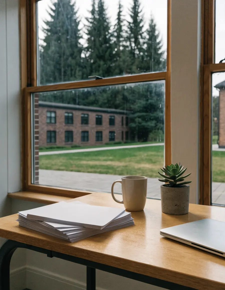 A school counseling office desk with college brochures, a mug and a window onto a quiet campus