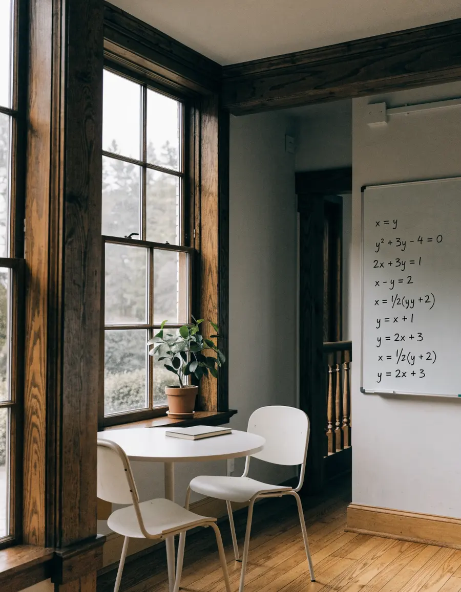 A bright tutoring room with a whiteboard of algebra, two chairs and a plant by a tall window