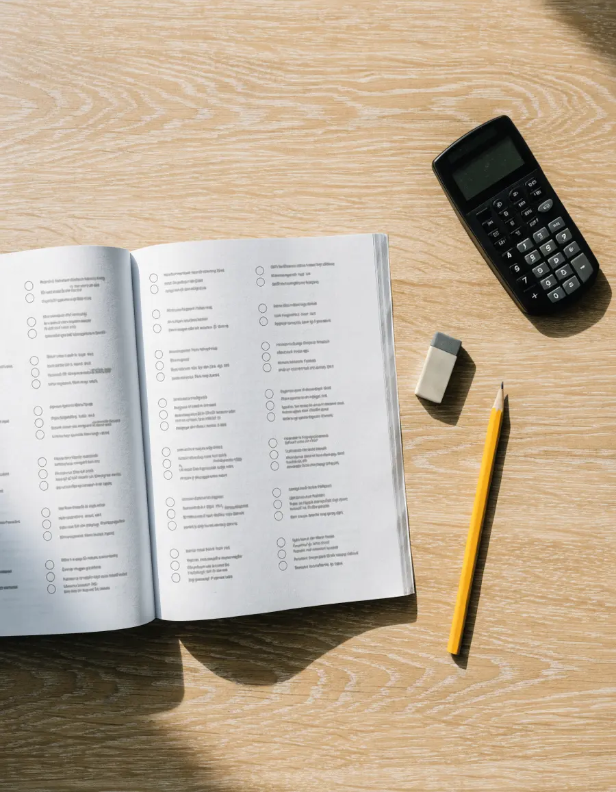 A practice test booklet, pencil and graphing calculator on a wooden table