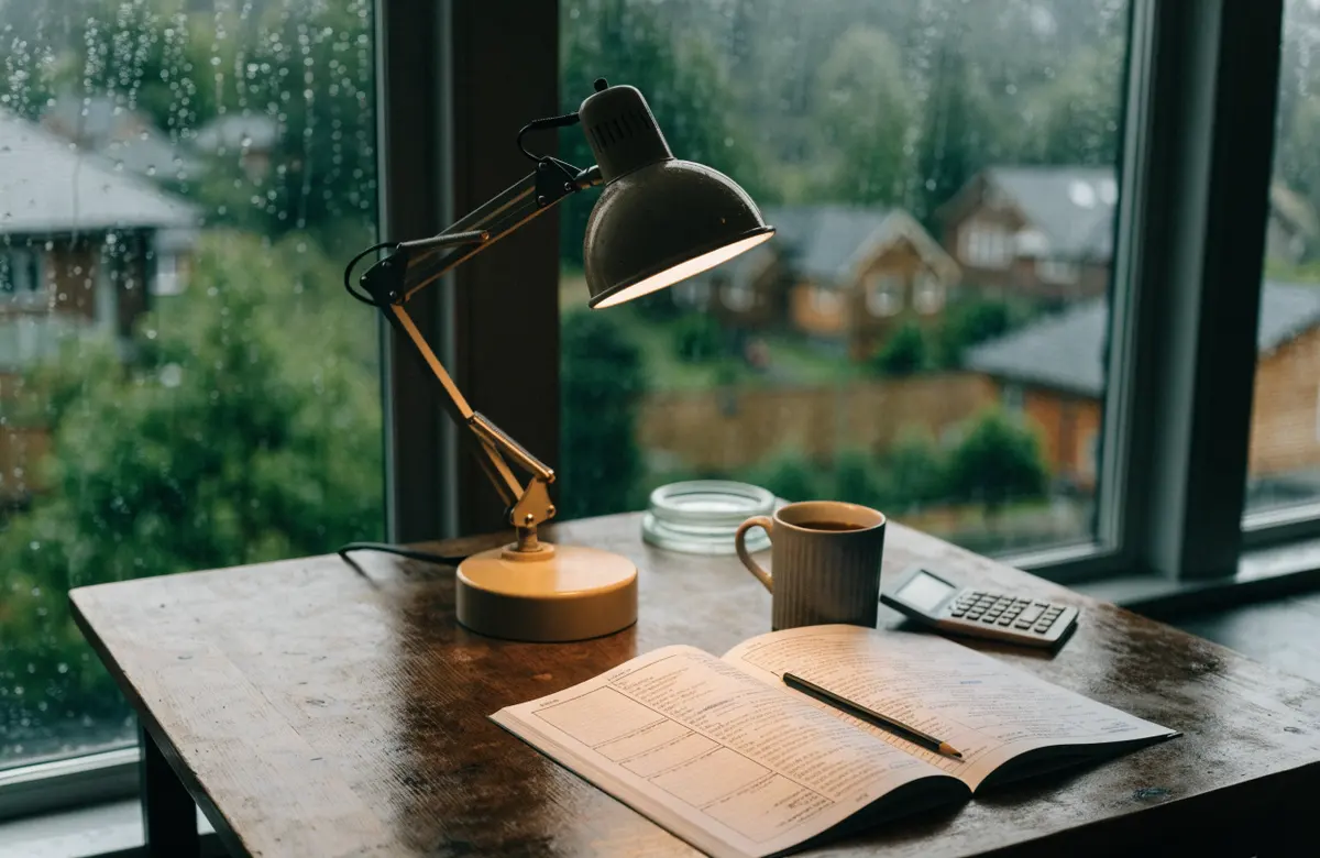 A desk by a rain-streaked window with a practice booklet and a lamp on
