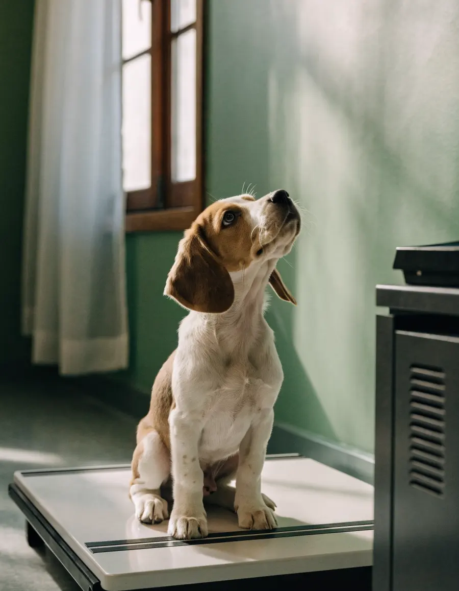 A beagle puppy sitting on a clinic scale.