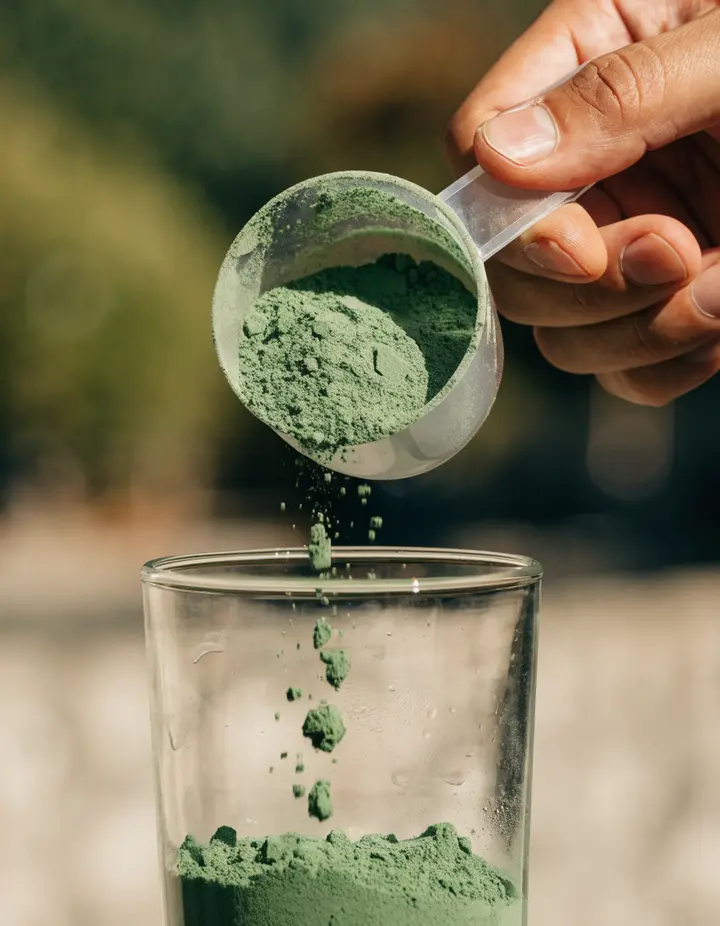 A scoop of green powder pouring into a glass
