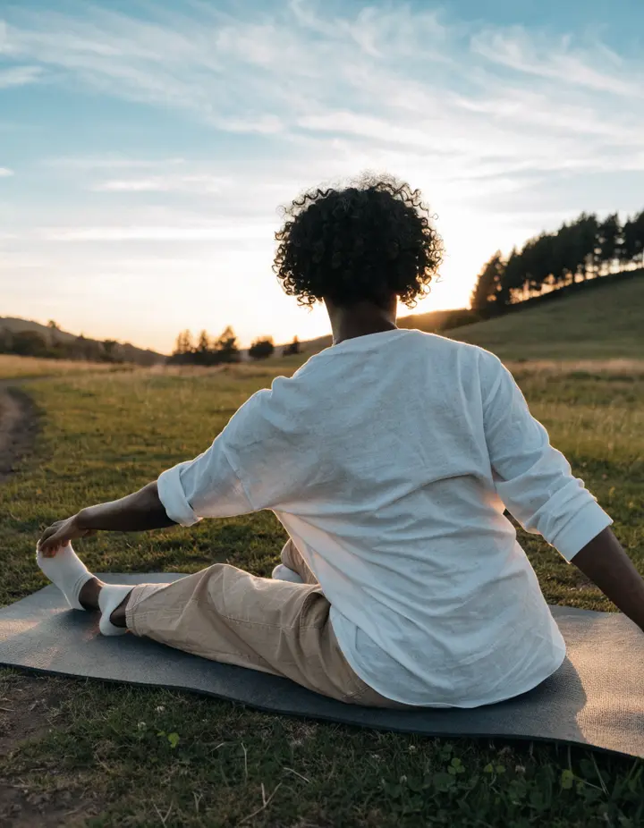 Someone stretching on a yoga mat in a field at sunrise