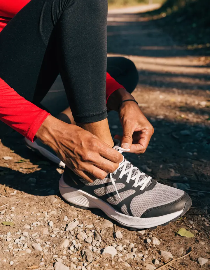 A runner tying their shoe on a dirt trail